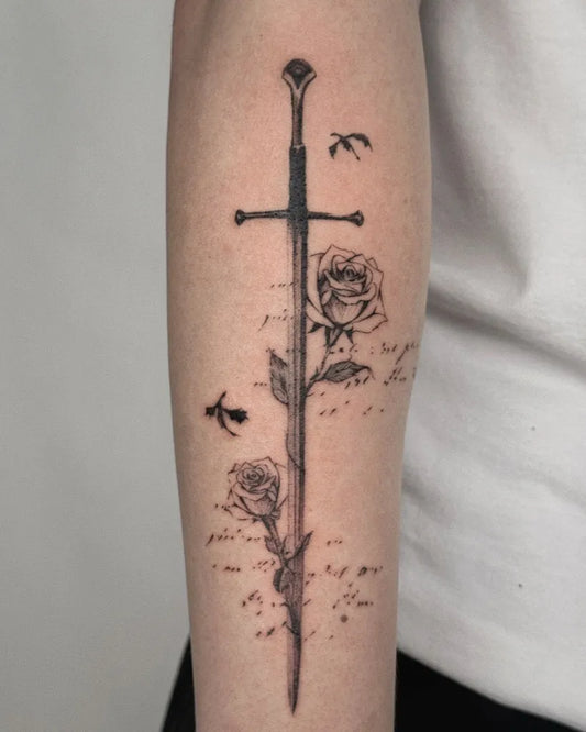 Big Black and Grey Sword and Roses on Men Arm Tattoo by @duome.tatt