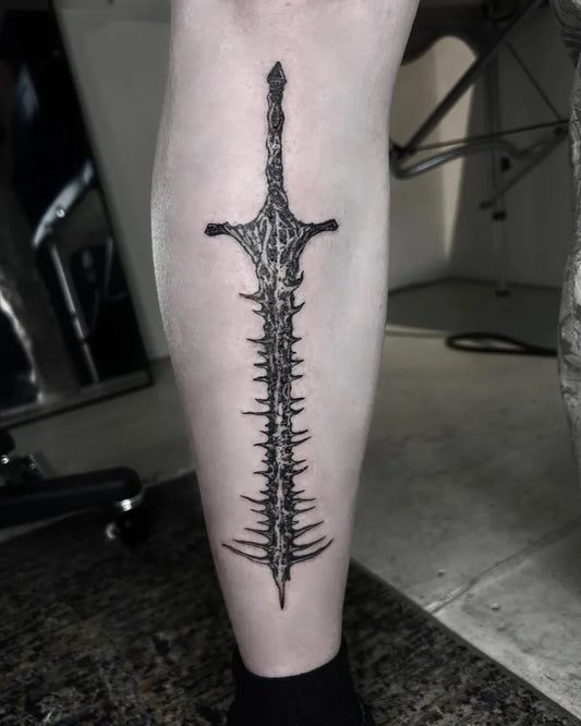 Big Black and Grey Sword on Men Leg Tattoo by @la13va_tear