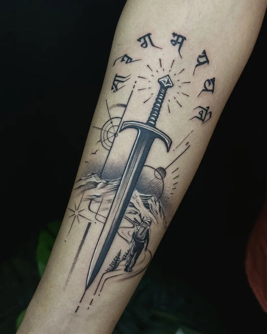Big Black and Grey Sword with Mountains and Runes on Men Arm Tattoo by @sumeet.incz