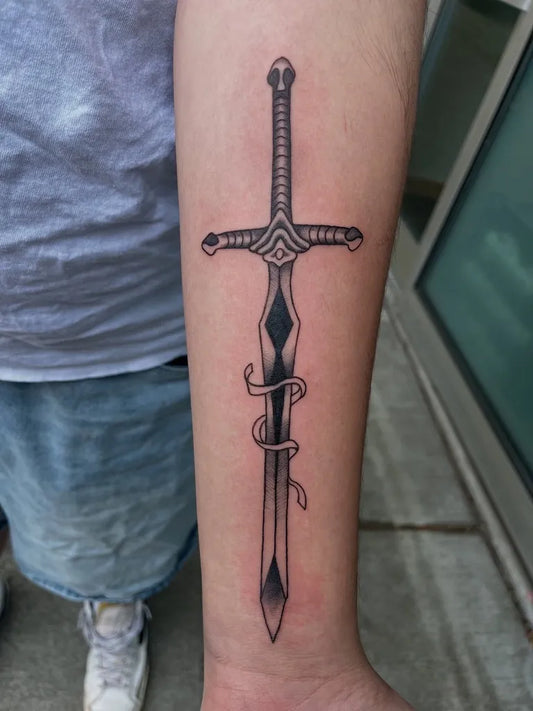 Big Black and Grey Sword with Snake on Men Arm Tattoo by @mr._horrible_