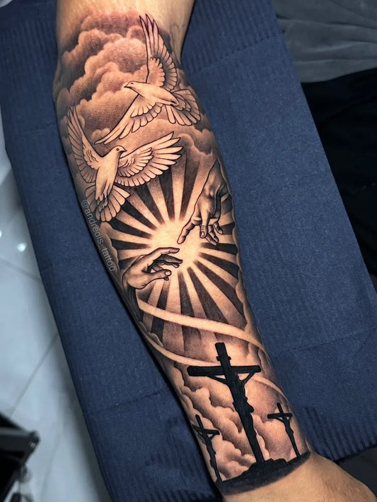 Big Black and Grey Three Crosses Doves and Sun Tattoo on Men Arm by @andredls_tattoo