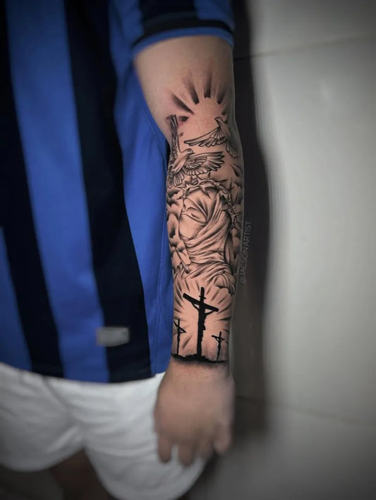 Big Black and Grey Three Crosses with Angel and Sun Tattoo on Men Arm by @jacson.artist