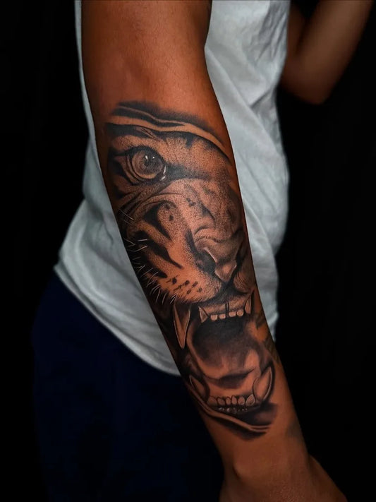 Big Black and Grey Tiger Head on Men Arm Tattoo by @eqm.art