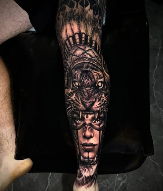 Big Black and Grey Tiger Headdress Portrait Tattoo on Men Leg by @tattoo_space_vk