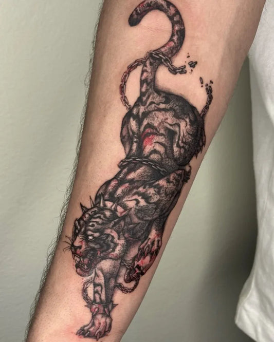Big Black and Grey Tiger Men Arm Tattoo by @hodu_tattooer