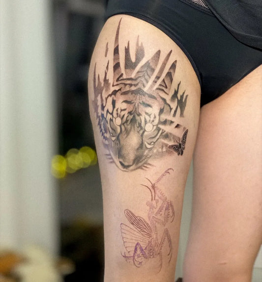 Big Black and Grey Tiger Scratch Shape on Women Thigh Tattoo by @ianhaintattoo