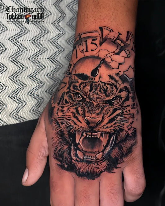 Big Black and Grey Tiger Skull Watch on Men Hand Tattoo by @chandigarhtattooadda