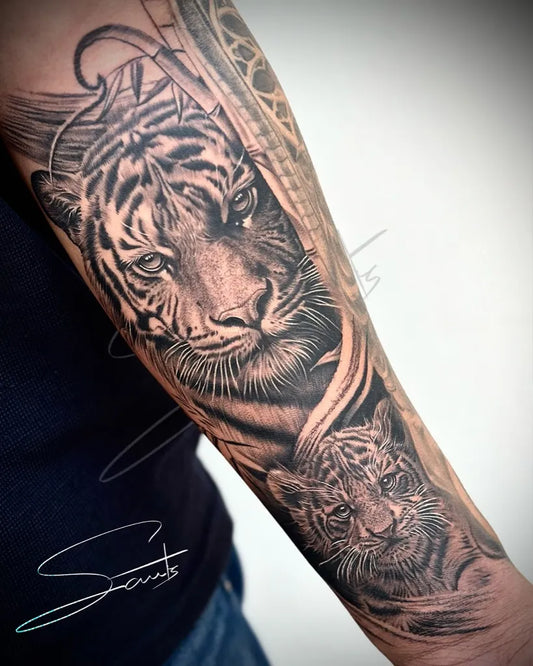 Big Black and Grey Tiger and Cub on Men Arm Tattoo by @sachu_tz