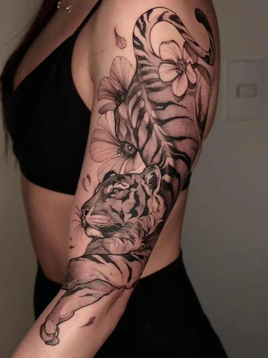 Big Black and Grey Tiger and Flowers on Women Arm Tattoo by @alandanielbw