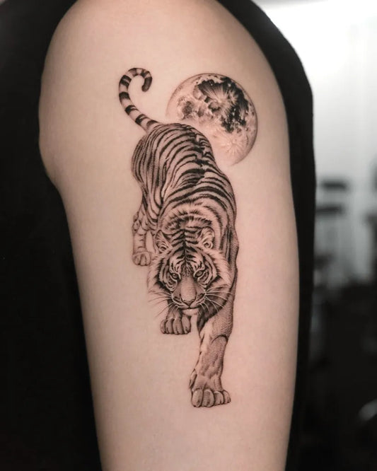 Big Black and Grey Tiger and Moon on Men Arm Tattoo by @tattooist_dh