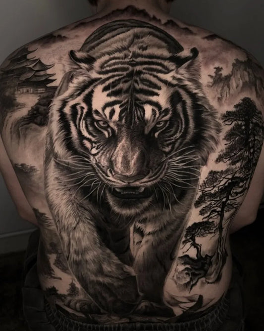 Big Black and Grey Tiger and Pine Trees on Men Back Tattoo by @gione.tat