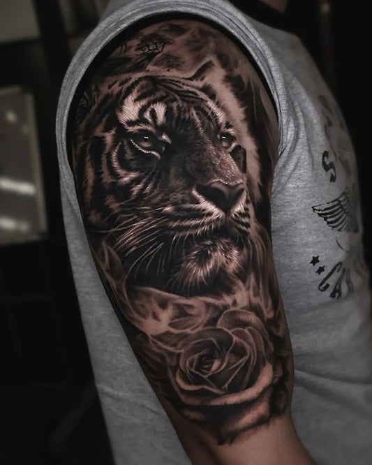 Big Black and Grey Tiger and Rose on Men Arm Tattoo by @gione.tat