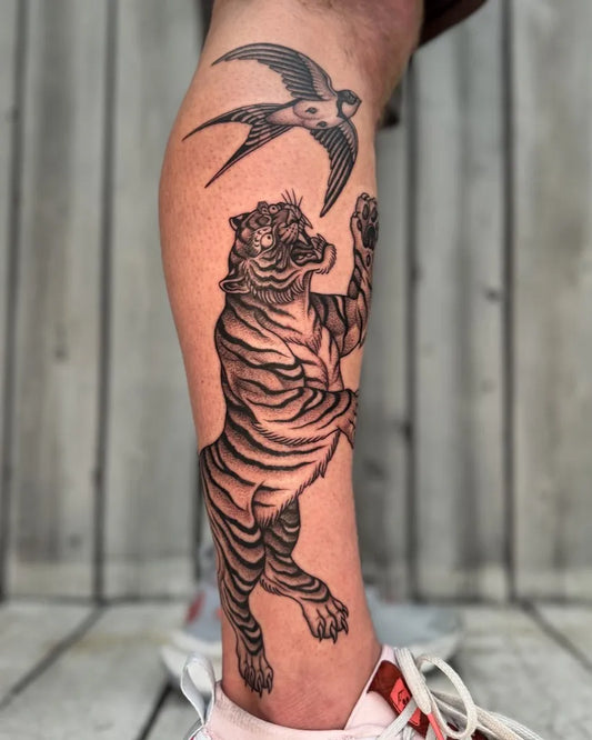 Big Black and Grey Tiger and Swallow Tattoo on Men Leg by @jae_tatt