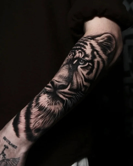 Big Black and Grey Tiger on Men Arm Tattoo by @berkaytattooart