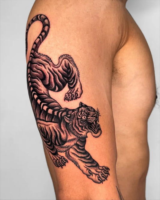 Big Black and Grey Tiger on Men Arm Tattoo by @jae_tatt
