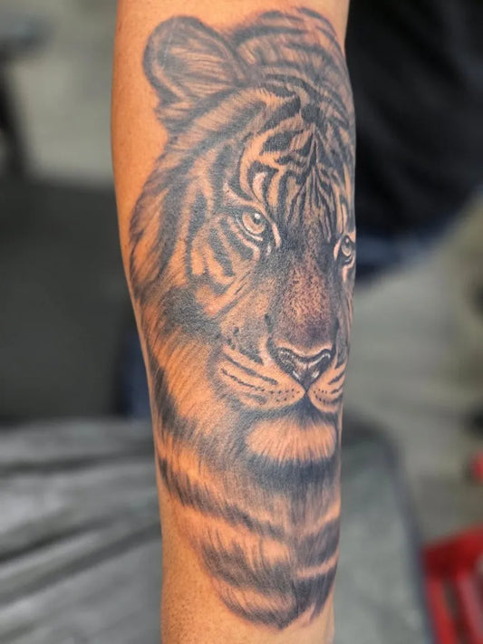 Big Black and Grey Tiger on Men Arm Tattoo by @mosemantattoo