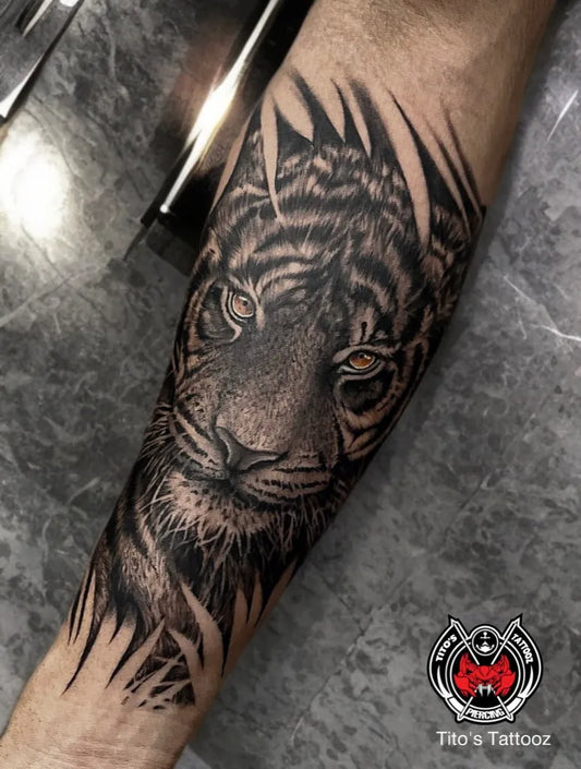 Big Black and Grey Tiger on Men Arm Tattoo by @titostattooz