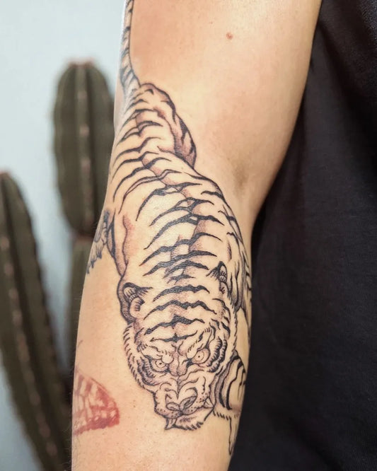 Big Black and Grey Tiger on Men Arm Tattoo by @vietnguyenart
