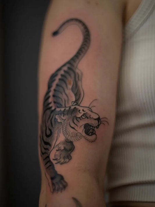 Big Black and Grey Tiger on Women Arm Tattoo by @bramadey