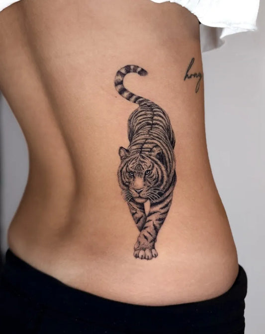 Big Black and Grey Tiger on Women Rib Tattoo by @nickyrose.tattoos