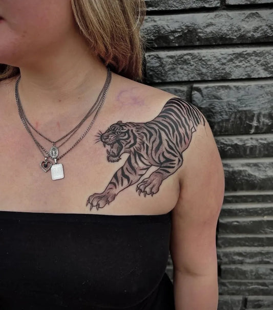 Big Black and Grey Tiger on Women Shoulder Tattoo by @solsticeink