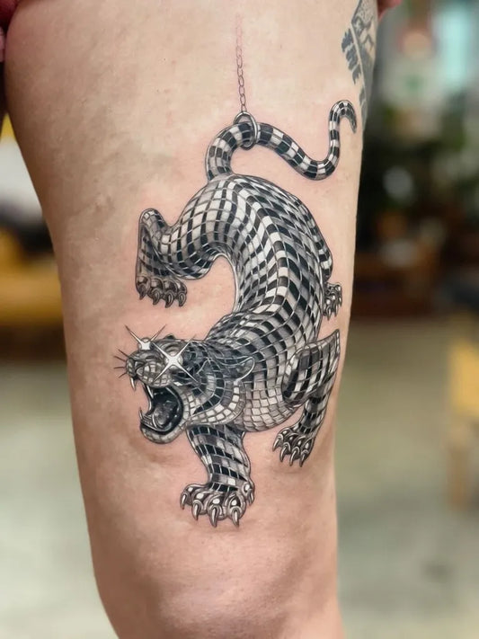 Big Black and Grey Tiger on Women Thigh Tattoo by @nicotattoo.nyc