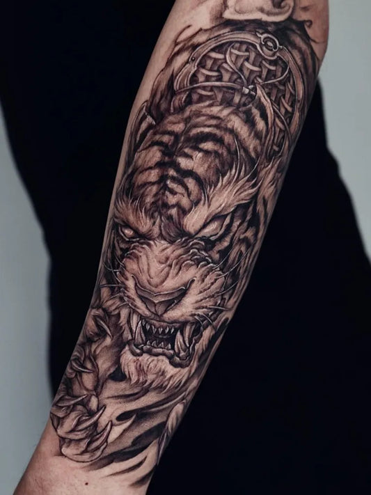 Big Black and Grey Tiger with Chains on Men Arm Tattoo by @zo_gang_tattoo