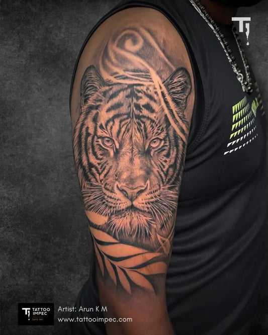Big Black and Grey Tiger with Smoke and Leaves on Men Arm Tattoo by @arun_tattooist