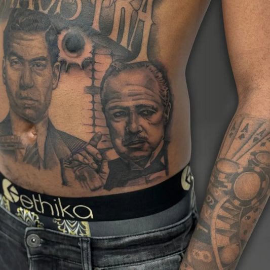 Big Black and Grey Tony Soprano Portrait Tattoo on Men Stomach by @kiara.hendersonn