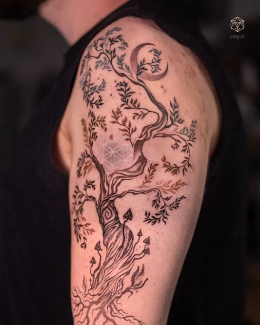 Big Black and Grey Tree and Crescent Moon Nature Tattoo on Men Shoulder by @pejczi