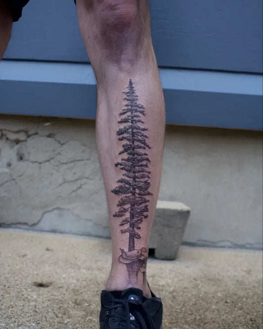 Big Black and Grey Tree and Moose Tattoo on Men Leg by @kevinrotramel