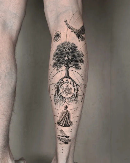 Big Black and Grey Tree of Life Tattoo on Men Leg by @gab7sz