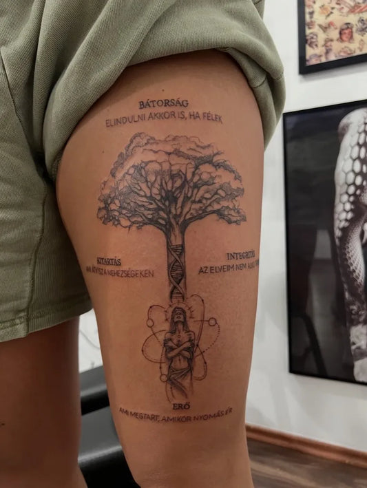 Big Black and Grey Tree with Fairy and DNA Tattoo on Women Thigh by @komarno.tattoo.creed
