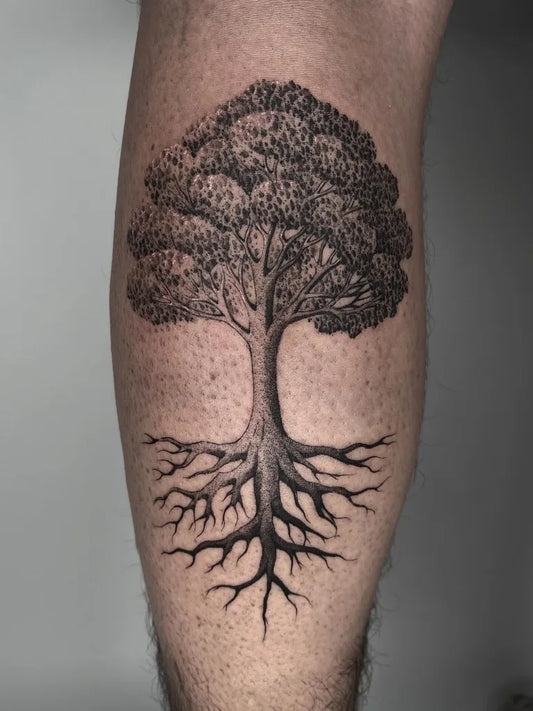 Big Black and Grey Tree with Roots Tattoo on Men Leg by @angelofortez