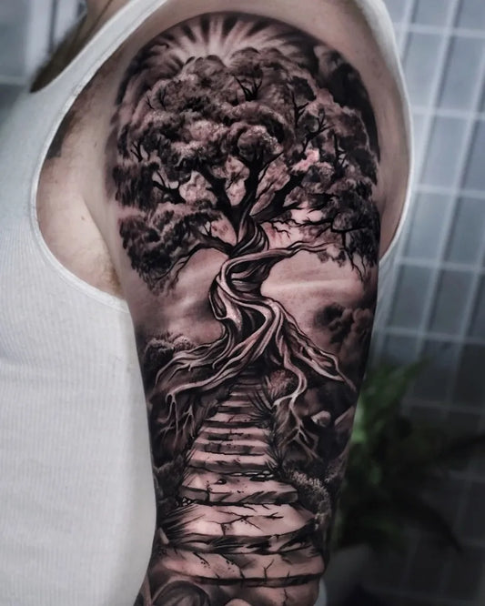 Big Black and Grey Tree with Stairs Tattoo on Men Shoulder by @tonyfranktattoos