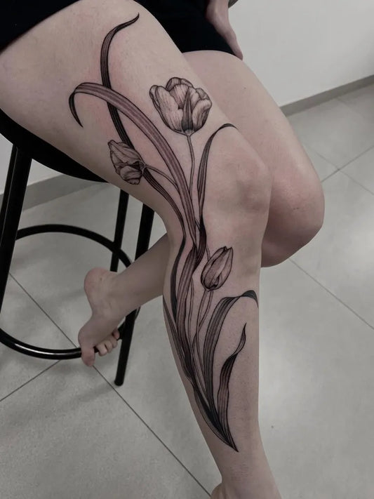 Big Black and Grey Tulip Flowers Tattoo on Women Leg by @gusdoart