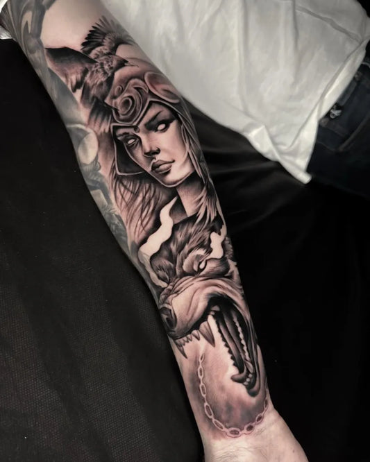 Big Black and Grey Valkyrie Wolf Tattoo on Men Inner Arm by @brycegarnhamtattoos