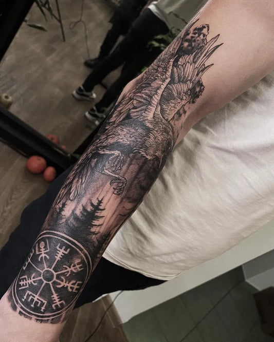 Big Black and Grey Vegvisir Dragon Forest Tattoo on Men Arm by @trn_tattoo