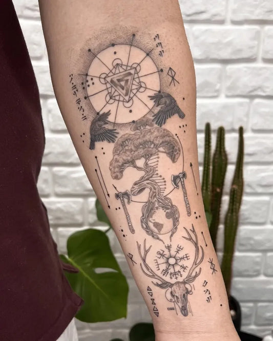 Big Black and Grey Vegvisir Runes Tree Tattoo on Women Arm by @felipehmartins
