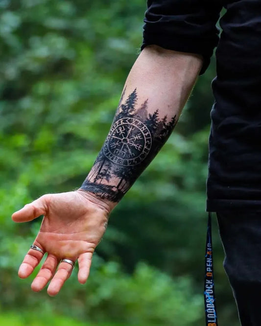 Big Black and Grey Vegvisir Trees Tattoo on Men Arm by @samsaracustomtattoo