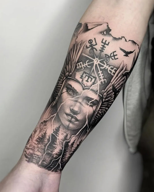 Big Black and Grey Vegvisir Valkyrie Tattoo on Women Arm by @markvatatattoo