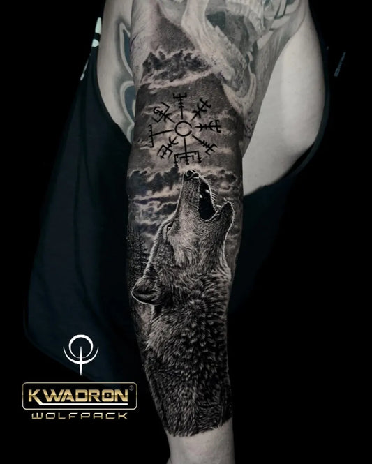 Big Black and Grey Vegvisir Wolf Tattoo on Men Arm by @etgaroak