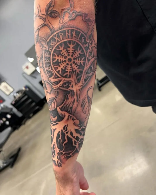 Big Black and Grey Vegvisir and Yggdrasil Military Tattoo on Men Arm by @atsfaync