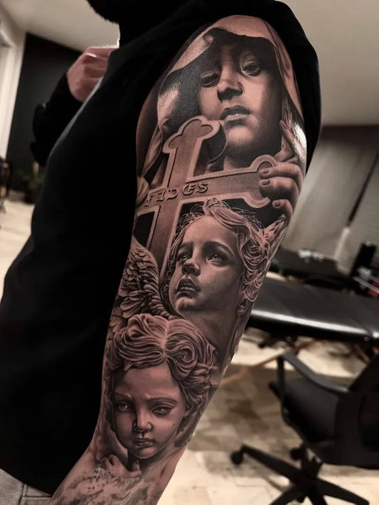 Big Black and Grey Virgin Mary Angels Cross Tattoo on Men Arm by @bbooxs