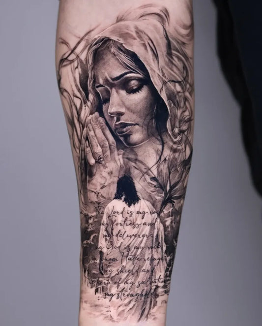 Big Black and Grey Virgin Mary Grave and Text Tattoo on Women Arm by @tattooist_reset