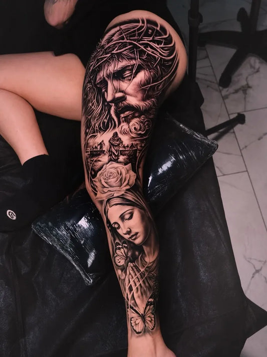 Big Black and Grey Virgin Mary Jesus and Roses Tattoo on Women Thigh by @brayan_ink_tattoo