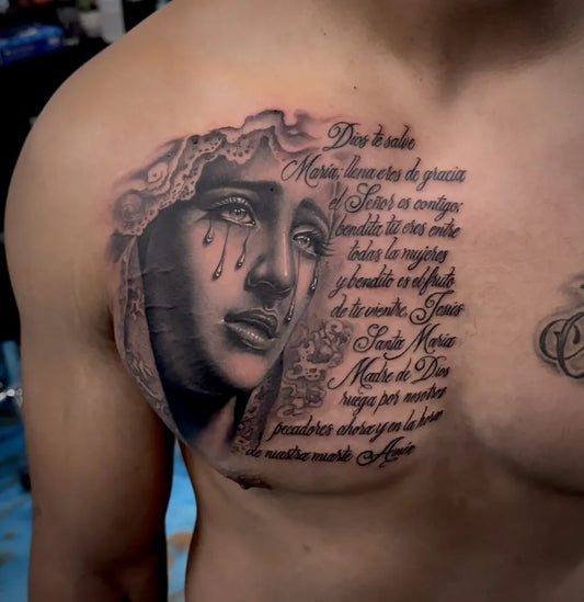 Big Black and Grey Virgin Mary Portrait with French Prayer Tattoo on Men Chest by @arodtat2