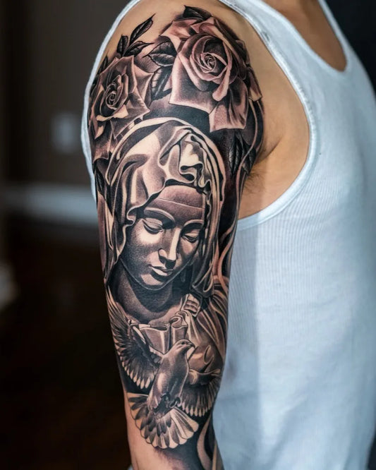 Big Black and Grey Virgin Mary Roses and Dove Tattoo on Men Arm by @nicolasvalsantattoo