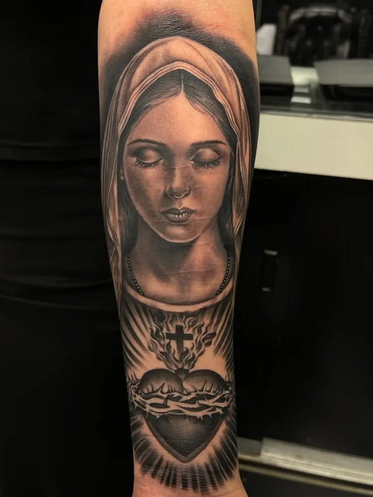 Big Black and Grey Virgin Mary Sacred Heart Tattoo on Men Arm by @angelboy_inks