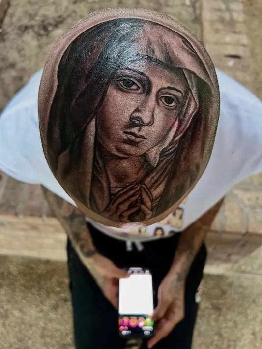 Big Black and Grey Virgin Mary Tattoo on Men Head by @ave_art